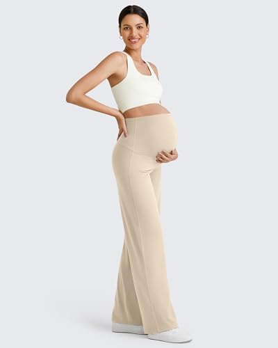 G4Free BareFeel Maternity Yoga Pants Pregnancy Slacks Over the Belly - color: Light Khaki, size: Medium
