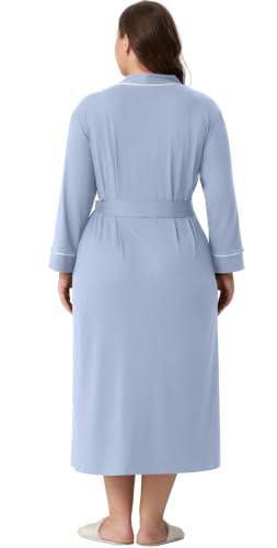 OLRIK Womens Plus Size Robe Long Knit Bathrobe V Neck Loungewear - color: Blue, size: 4X
