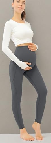 JOYSPELS Smooth Feeling Maternity Workout Leggings with Pockets Pregnancy Pants Over The Belly - color: Grey, size: Small