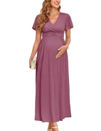 AISWI 2025 Women's Maternity Maxi Dress Long Sleeve Wrap V Neck Pregnancy Dresses with Pockets Baby Shower Photoshoot Formal - color: 1. Ruffle Sleeve, Light Plum, size: Medium