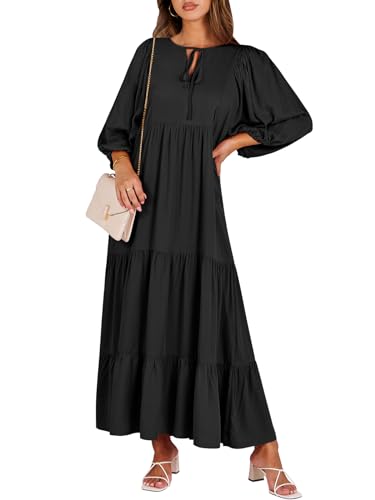 ANRABESS Womens Boho Floral 3/4 Puff Sleeve Maxi Dress - color: Black, size: Small