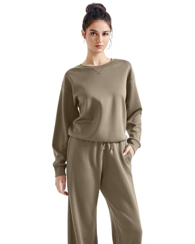 SUUKSESS Women Modal 2 piece outfits Oversized Sweatshirt Wide Leg Pants - color: Khaki, size: Medium
