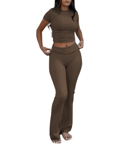 COPYLEAF Two Piece Lounge Sets for Women Fold Over Leggings Y2k Outfits - color: Brown, size: Small