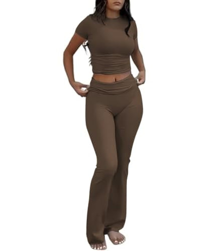 COPYLEAF Two Piece Lounge Sets for Women Fold Over Leggings Y2k Outfits - color: Brown, size: Large