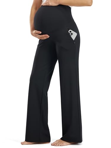 JOYSPELS Smooth Feeling Wide-Leg Maternity Work Pants Soft Pregnancy Yoga Pants with Zippered Pockets Over The Belly - color: Black, size: Small