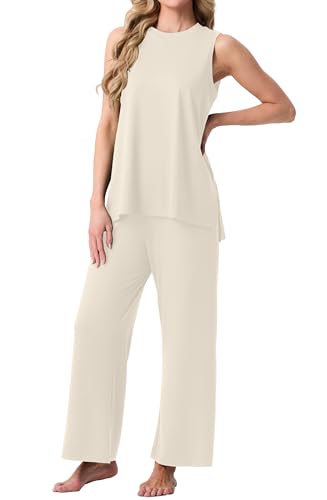 PrinStory Womens Pajamas Sets Sleeveless Pjs Set S-4XL - color: Beige Apricot, size: Medium