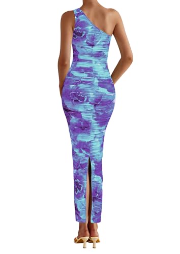 PRETTYGARDEN One Shoulder Maxi Dress Ruched Printed - color: Floral Blue, size: Medium