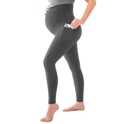 SINOPHANT Maternity Leggings with Pockets Over Belly Yoga Pants - color: Grey, size: Large
