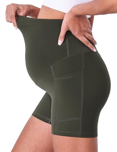 POSHDIVAH 3/4 Pack Maternity Biker Shorts Over The Belly with Pockets 5"/8" - color: Black/Grey/Green 5", size: Medium