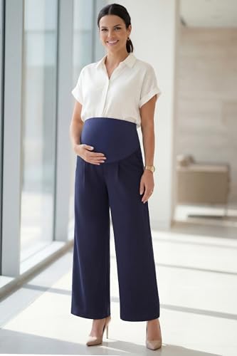 OUGES Women's Wide Leg Summer Business Casual Maternity Pants with Pockets - color: Navy, size: Medium