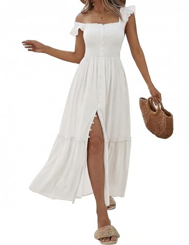 Women Summer Casual Midi Dress Square Neck Button Down Smocked Ruffle Strap Flowy Split Beach Sundress Pockets - color: White, size: Medium