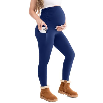 Leafigure Maternity Fleece Lined Leggings with Pockets - color: Navy, size: Small