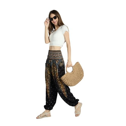 Tranquil Threads High-Waisted Boho Harem Yoga Pants for Women - color: Golden Black, size: Large