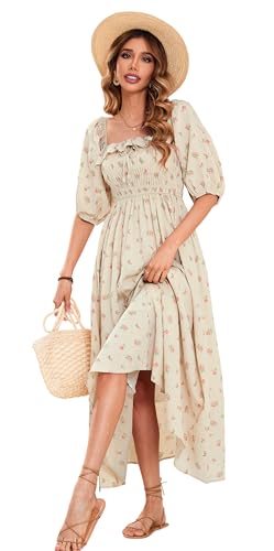 R.Vivimos Women Summer Cotton A Line Flowy Long Dresses - color: Beige#1-floral, size: Medium