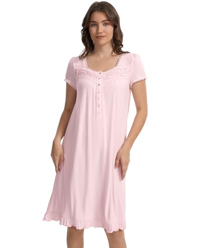 GYS Women's Bamboo Viscose Nightgown Short Sleeve Sleep Shirt - color: Pink, size: Medium
