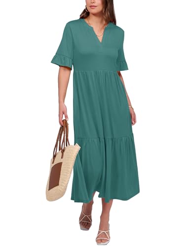 CzzzyL Womens Nursing Dresses Ruffle Sleeve V Neck Tiered with Pockets - color: Greyblue, size: Medium
