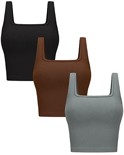 OLCHEE Womens 3 Pack Crop Tank Tops Sleeveless Square Neck Workout Top - color: Black + Brown + Light Grey, size: X-Small