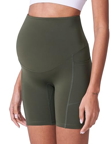 POSHDIVAH 3/4 Pack Maternity Biker Shorts Over The Belly with Pockets 5"/8" - color: Black/Grey/Green 8", size: Small