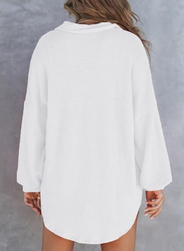 Astylish Women Waffle Knit Tops Henley Shirts - color: White, size: Medium