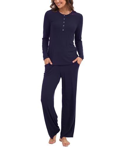 GYS Women's Bamboo Viscose Nursing Pajama Set, Wide Waist Cooling - color: Navy, size: Medium