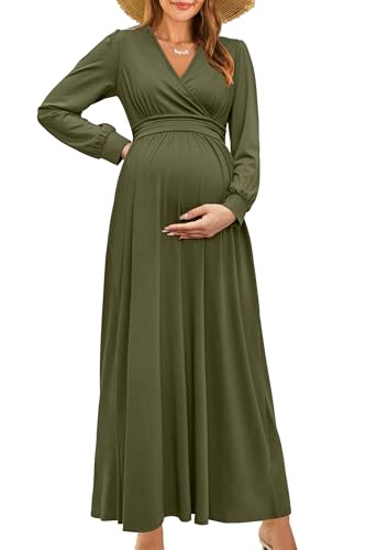 OUGES Women's Wrap Pregnancy Maxi V Neck Fall Baby Shower Maternity Dress - color: Army Green, size: Large