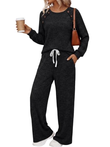 Trendy Queen Women's 2 Piece Lounge Sets 2026 Fall Casual Matching Outfits - color: Black, size: Medium