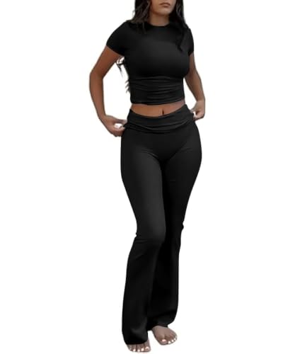 COPYLEAF Two Piece Lounge Sets for Women Fold Over Leggings Y2k Outfits - color: Black, size: Medium