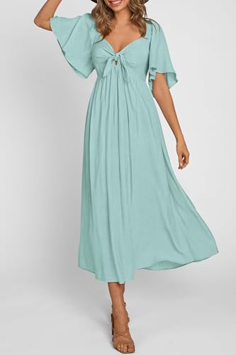 PRETTYGARDEN Women's Summer Bow Tie V Neck Midi Dresses - color: Aqua Green, size: X-Large