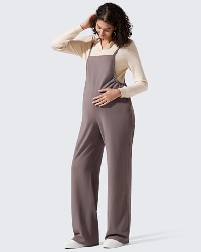 G4Free Maternity Jumpsuits Adjustable Strap Wide Leg Pregnancy Rompers - color: Taupe, size: X-Small
