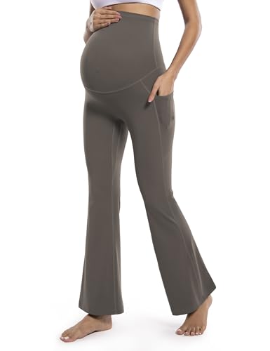 POSHDIVAH Maternity Flare Leggings with Pockets - color: Brown, size: Medium