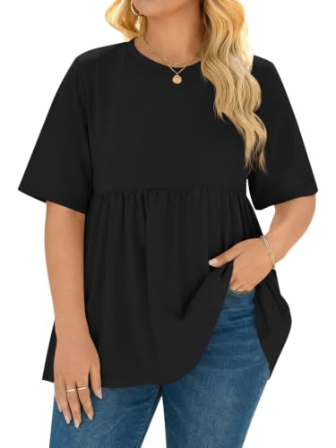 Beautife Womens Plus Size Babydoll Tops Summer Peplum Flowy Tunic Blouses - color: Black, size: 3X-Large Plus
