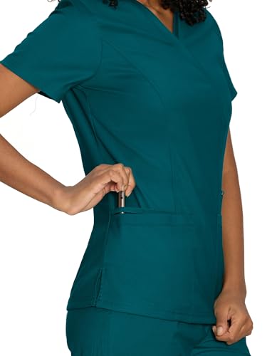 Scrub Tops for Woman, Mock Wrap Tops - color: Caribbean Blue, size: Small