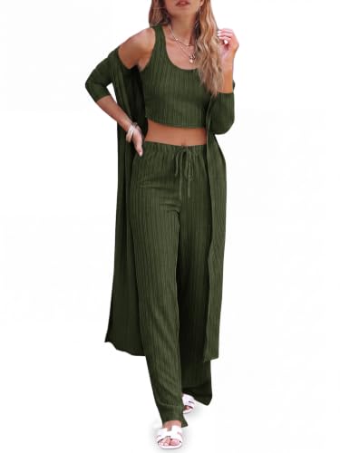 Fessceruna Womens 3 Piece Lounge Pajamas Sets Cute Vacation Matching Set - color: A-army Green, size: X-Large