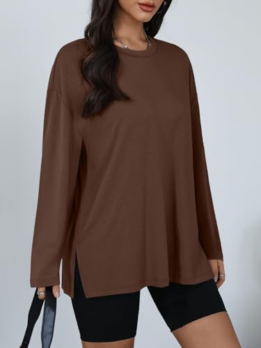 Trendy Queen Womens Oversized Side Slit Long Sleeve Shirts Fall Tops - color: Brown, size: Medium