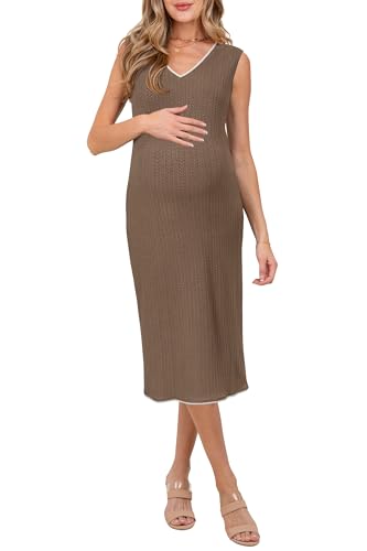 OUGES Women's Sleeveless V Neck Bodycon Casual Maternity Midi Dress - color: Coffee, size: X-Large