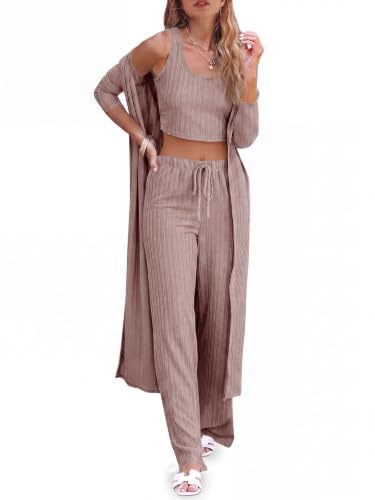 Fessceruna Womens 3 Piece Lounge Pajamas Sets Cute Vacation Matching Set - color: A-dusty Pink, size: X-Small