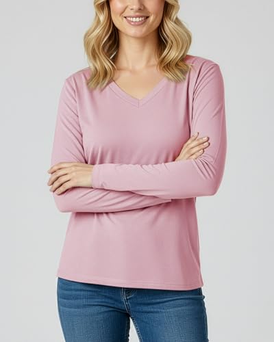 4 Pack Women's Long Sleeve Cotton V Neck Tshirts Basic Tees Tops Undershirt - color: Set 6, size: Large