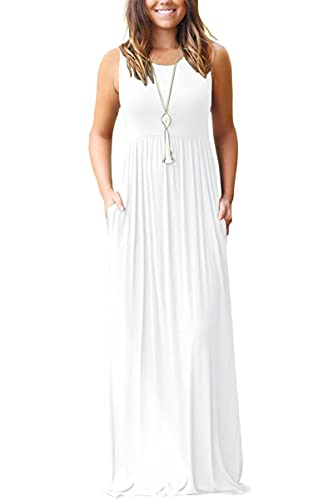 AUSELILY Women's Summer Sleeveless Loose Plain Casual Long Maxi Dresses - color: 01-white, size: Small