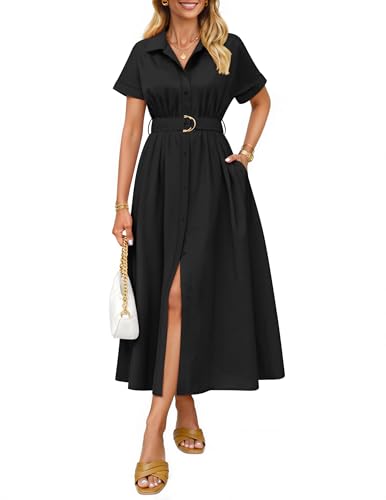 ZESICA Women's Summer Button Down Short Sleeve Midi Dress - color: Black, size: Small
