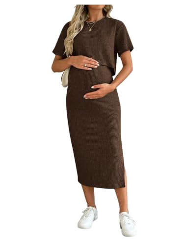 SHENHE Women's Maternity Ribbed 2 Piece Outfits Crop Top Bodycon Midi Skirt - color: Brown, size: Large