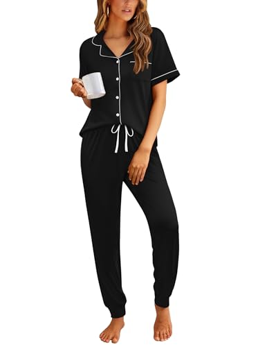 Ekouaer Women Pajama Set Short Sleeve Button Down Pjs with Jogger Pants - color: Black, size: Medium