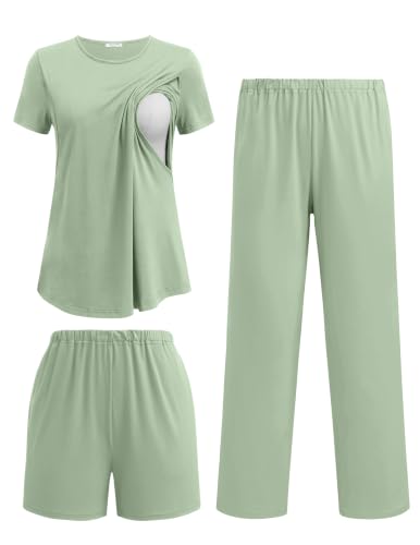 Ekouaer 3 Piece Maternity Nursing Pajamas Set Short Sleeve Breastfeeding Pjs - color: Light Green, size: Medium
