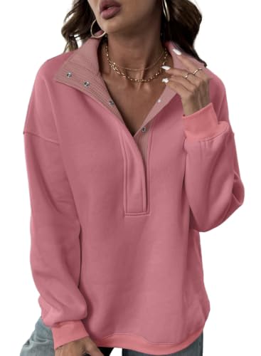 BLENCOT Women Mock Neck Sweatshirt Oversized Long Sleeve Henley Shirts - color: Peach Blossom, size: Large