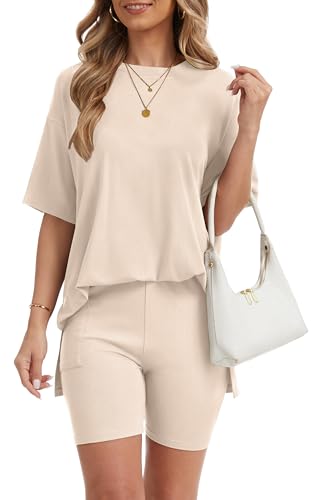 RUBZOOF Women 2 Piece Lounge Sets Summer Outfits Shorts Set - color: Beige, size: Small