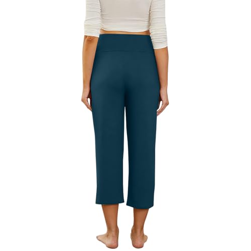 Maternity Capri Pants, Over The Belly Pregnancy Pants with Pocket - color: Blue, size: Medium