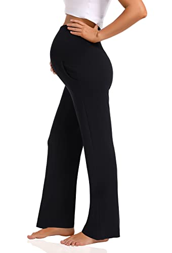 Foucome Women's Maternity Pants Wide Leg Pregnancy Work Pants - color: 2 Pack Black, size: Small