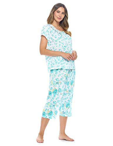 Casual Nights Women's Sleepwear Floral Top & Capri Pants Pajama Set Shirt with Printed Bottom Pjs - color: Green, size: Medium
