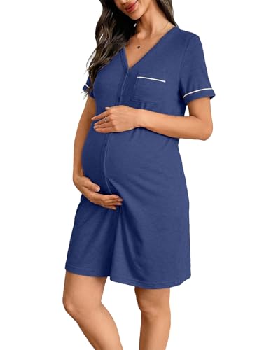 BLENCOT Women’s Labor and Delivery Night Gown for Maternity Short Sleeve V Neck Open Front Shirt Dress with Buttons - color: Blue, size: Small