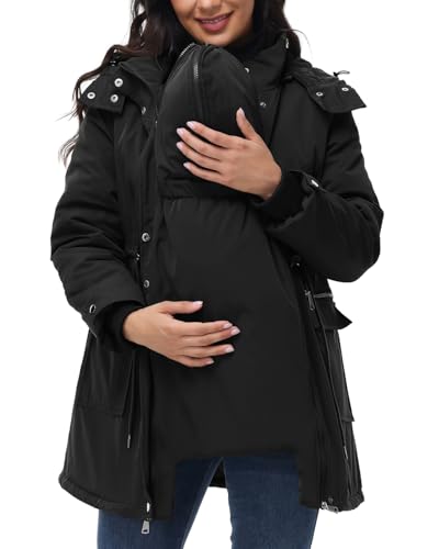 Maacie Maternity 3 in 1 Winter Coat Thicken Quilted Outwear with Pockets - color: Black, size: Small