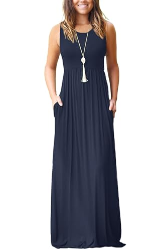AUSELILY Women's Summer Sleeveless Loose Plain Casual Long Maxi Dresses - color: 01-navy Blue, size: Small